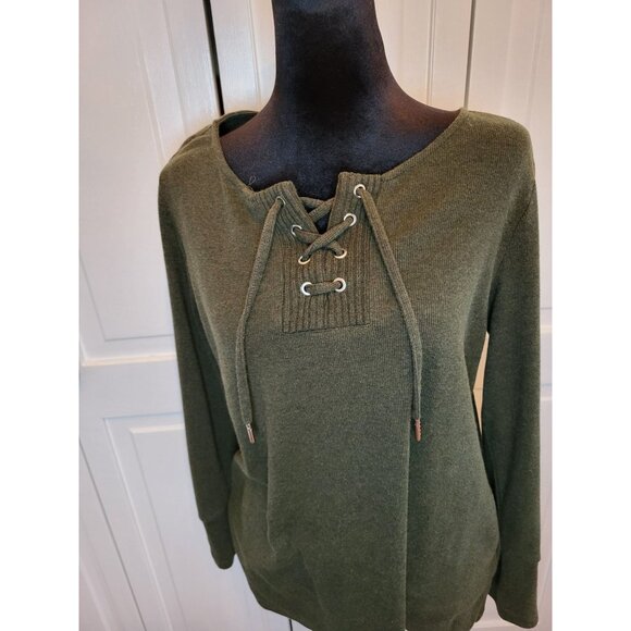 Rafaella Olive Green Lace Up Sweater L Boho Western Neutral Grunge - Picture 3 of 8